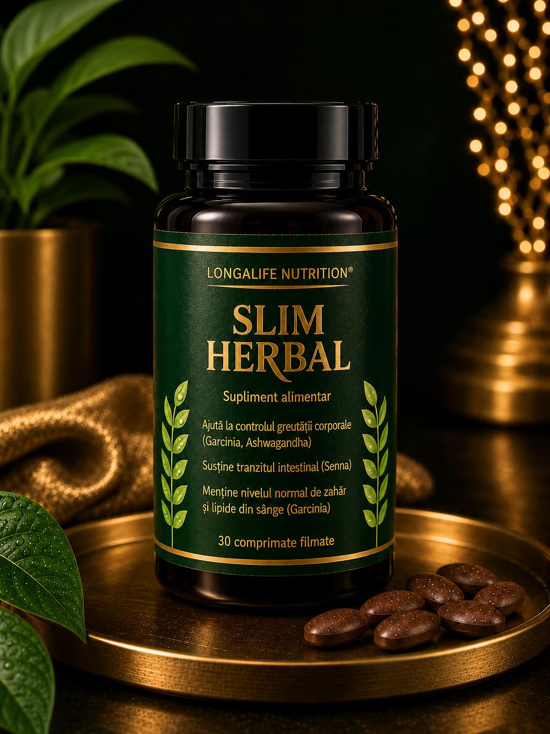 Flacon Slim Herbal de Longalife Nutrition, eticheta frontală cu beneficii, alături de comprimate, pe o tavă aurie